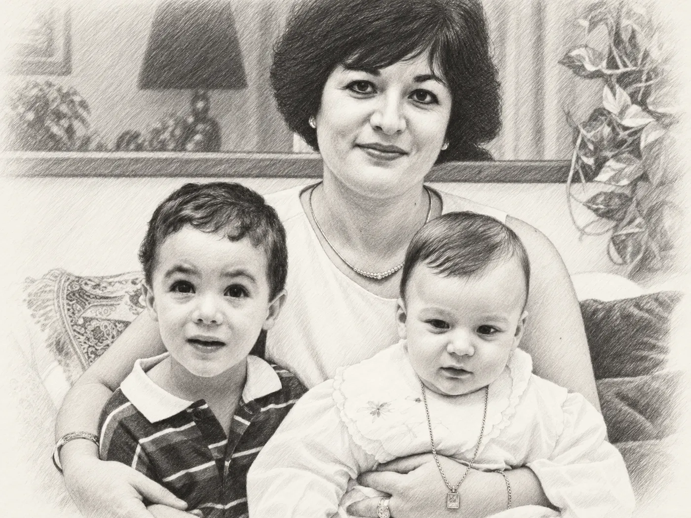 Ritratto a matita di Alfonsina con i suoi due bambini