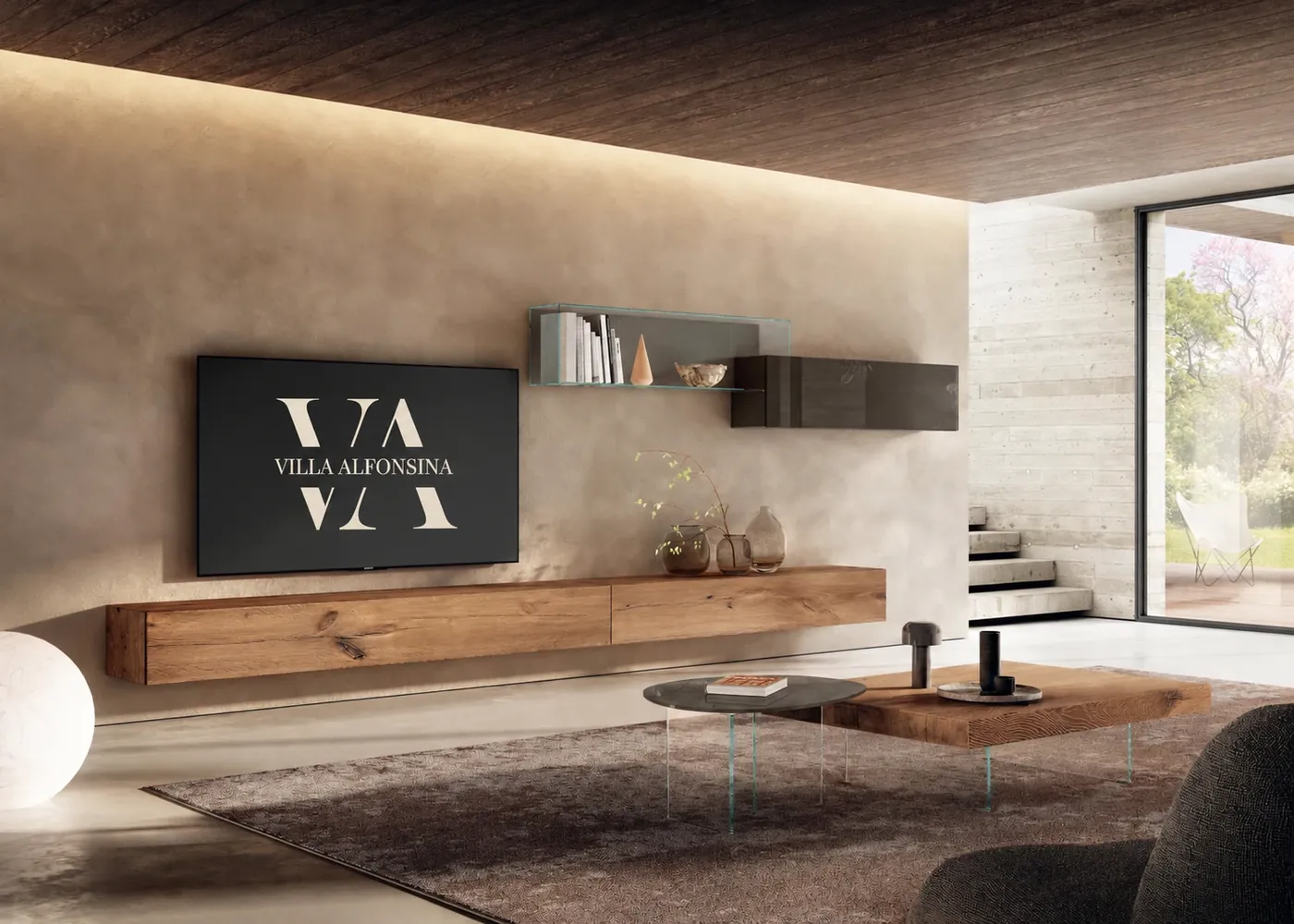 Living con logo Villa Alfonsina sul televisore