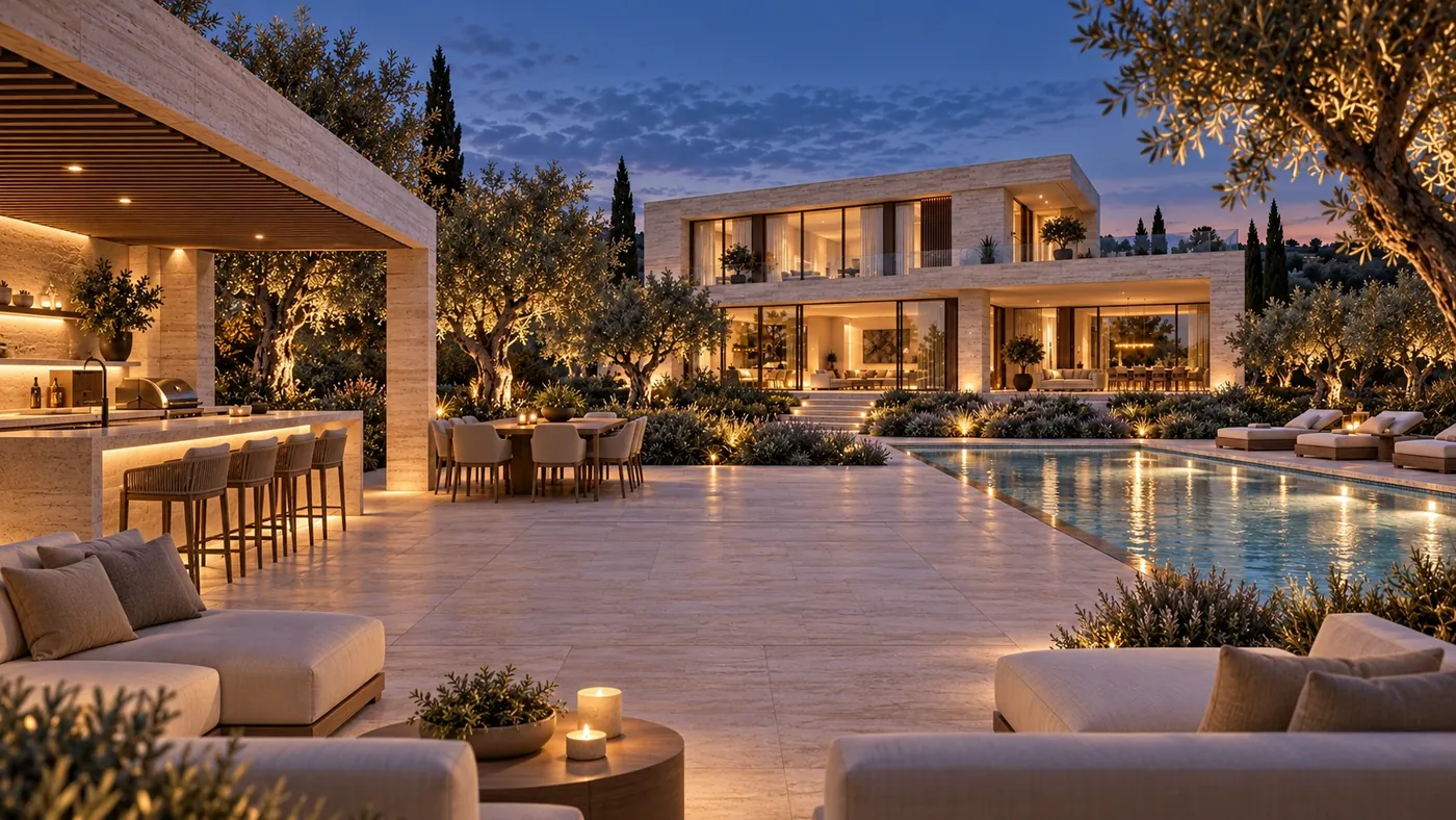 Concept AI di terrazza con piscina, cucina esterna, pergola e salotto all’aperto