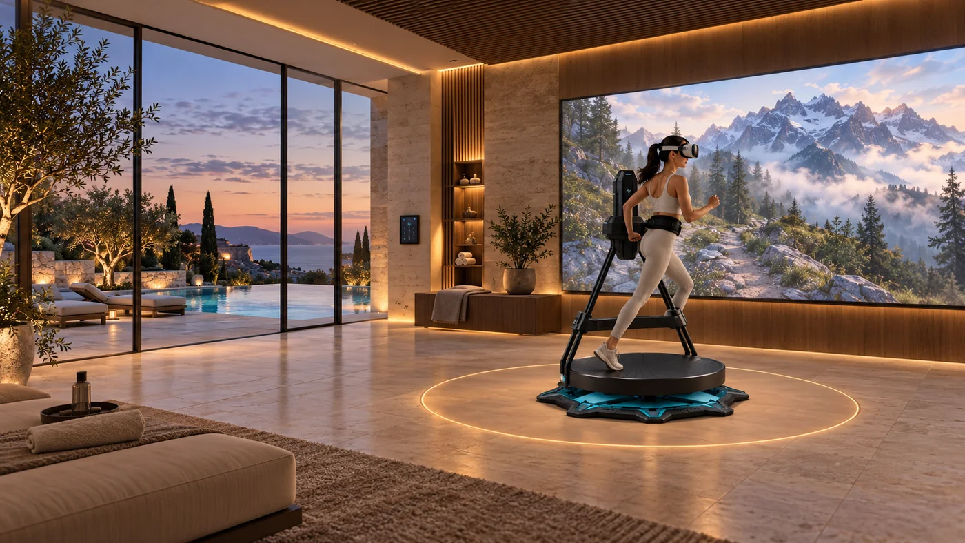 Concept della palestra virtuale Villa Alfonsina con piattaforma omnidirezionale e ambiente immersivo