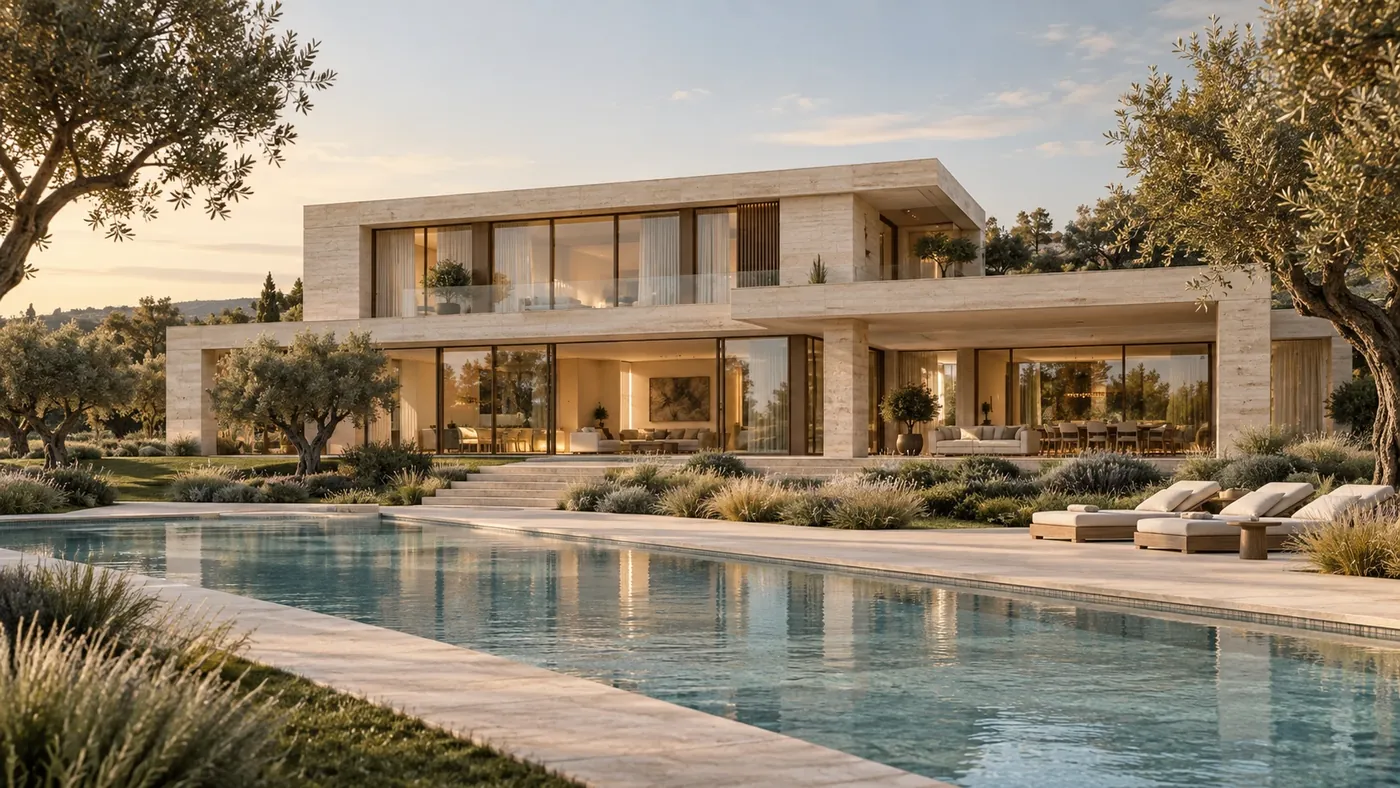 Villa Alfonsina: concept architettonico generato con AI, pietra naturale e piscina al tramonto