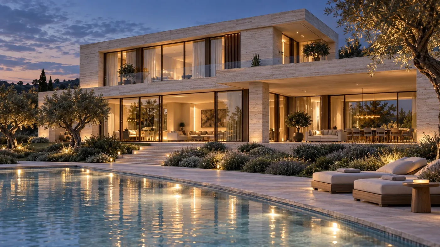 Concept AI della villa al crepuscolo
